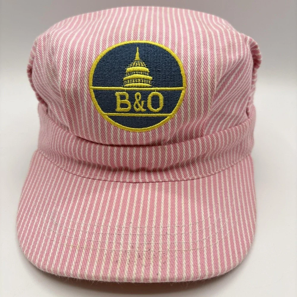 B&O Railroad Womens Hat Engineer Pink Striped Embroider Adjustable Snapback Cap
